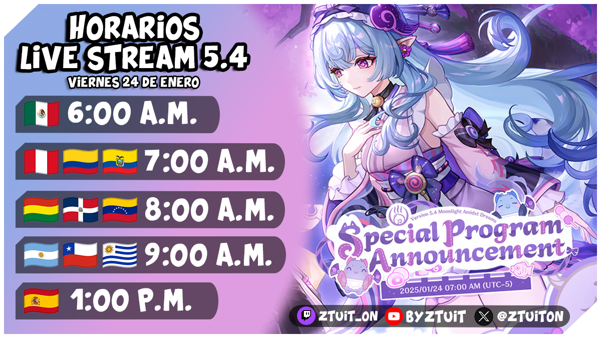ZtuitOn's tweet photo. ACABA DE SER ANUNCIADO EL LIVESTREAM DE LA 5.4 [Moonlight Amidst Dreams]

Sera este viernes 24 de Enero tanto en YouTube como por Twicht mediante el canal oficial de Genshin Impact!!!

A continuación los cambios de horarios para algunos países
#GenshinImpact https://t.co/KNhuTrOUeF