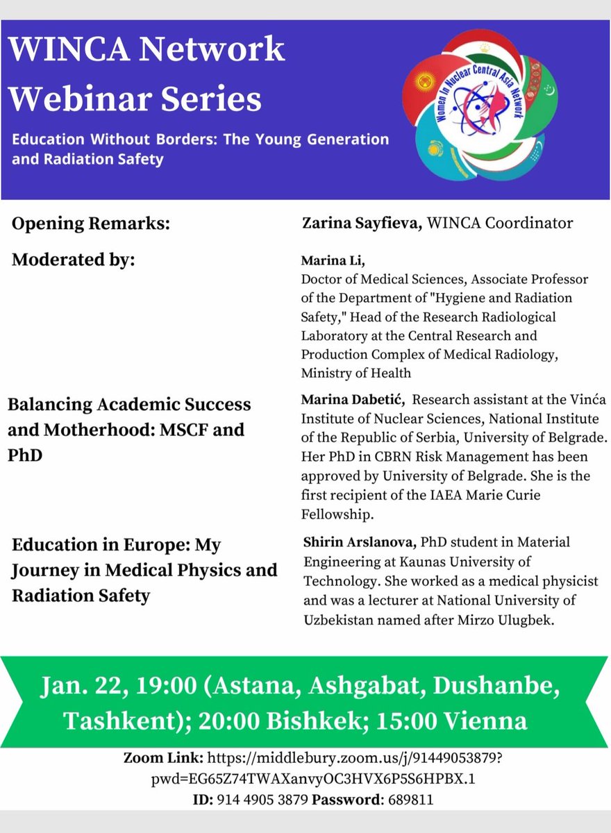 NetworkWinca's tweet photo. Join us for an enlightening webinar! ✨🌎 Education Without Borders: The Young Generation and Radiation Safety⚡
⏰Jan. 22 — 19:00 (Astana, Ashgabat, Dushanbe, Tashkent); 20:00 Bishkek; 15:00 Vienna
✉  Online via Zoom
Link to joinMeeting ID: 914 4905 3879
Passcode: 689811 https://t.co/URGsqyHGhH