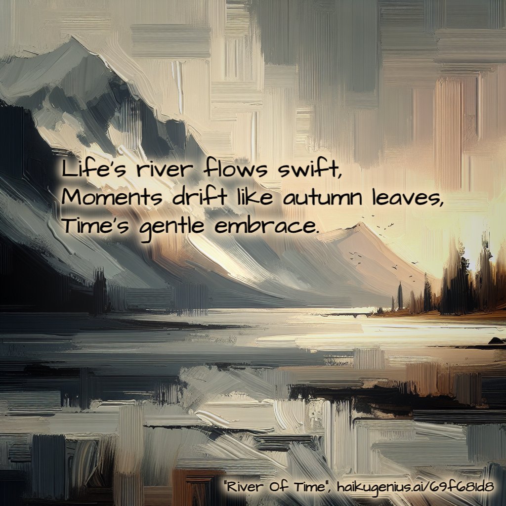 haiku_genius's tweet image. Life's river flows swift,
Moments drift like autumn leaves,
Time's gentle embrace.
"River Of Time", haikugenius.ai/69f681d8

#RiverOfTime #haiku #haikudaily #haikuoftheday #dailyhaiku #haikuwednesday #haikugenius #AI #aiart #aiartdaily #aicreation #dalle #dalle3 #chatgpt