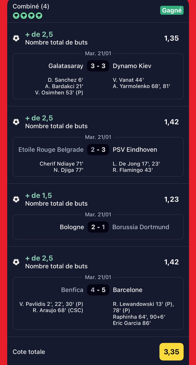 J13Sport's tweet image. CARNAAAAAAGE EN LDC 🏆🔥🔥✅ 
LA CÔTE À 3,35 ✅✅👀👀👀

Galatasaray/Kiev 💢 Over 2,5 ✅
Benfica/Barcelone  💢 Over 2,5 ✅
EtoileRouge/PSV 💢 Over 2,5 ✅
Bologne/Dortmund 💢 Over 1,5 ✅

On casse tout chez @OctobetTeam 🔥✅