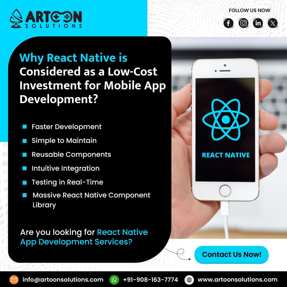 artoonsolutions's tweet image. Build apps faster, cost-efficiently, and with seamless cross-platform performance using our React Native development services.🚀

📱Partner with us to exceed expectations!🌐✨ 

#ReactNative #CrossPlatformApps #AppDevelopment