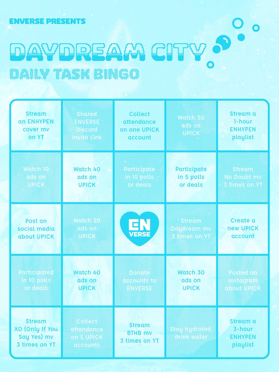 enversediscord's tweet photo. [✨] daily task bingo
˚₊ · »-♡→ january 22, 2025 ˚₊ ·

engenes, are you still keeping up with us?

🤍 complete 4 daily tasks
🏷️ post with the tags #ENonUPICK #ENVERSEBattle + city tag

go go go! 🏆🔥 https://t.co/KCfkikWjH4