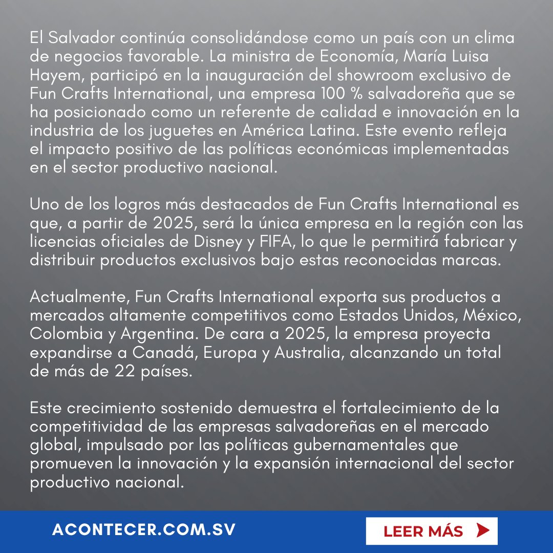 acontecercomsv's tweet photo. #FunCrafts International, empresa salvadoreña líder en juguetes en América Latina, inaugura su showroom exclusivo, destacando licencias de Disney y FIFA a partir de 2025. Con exportaciones a más de 22 países, esta empresa resalta el talento de #ElSalvador en el mercado global. https://t.co/9jt1mrpiVy