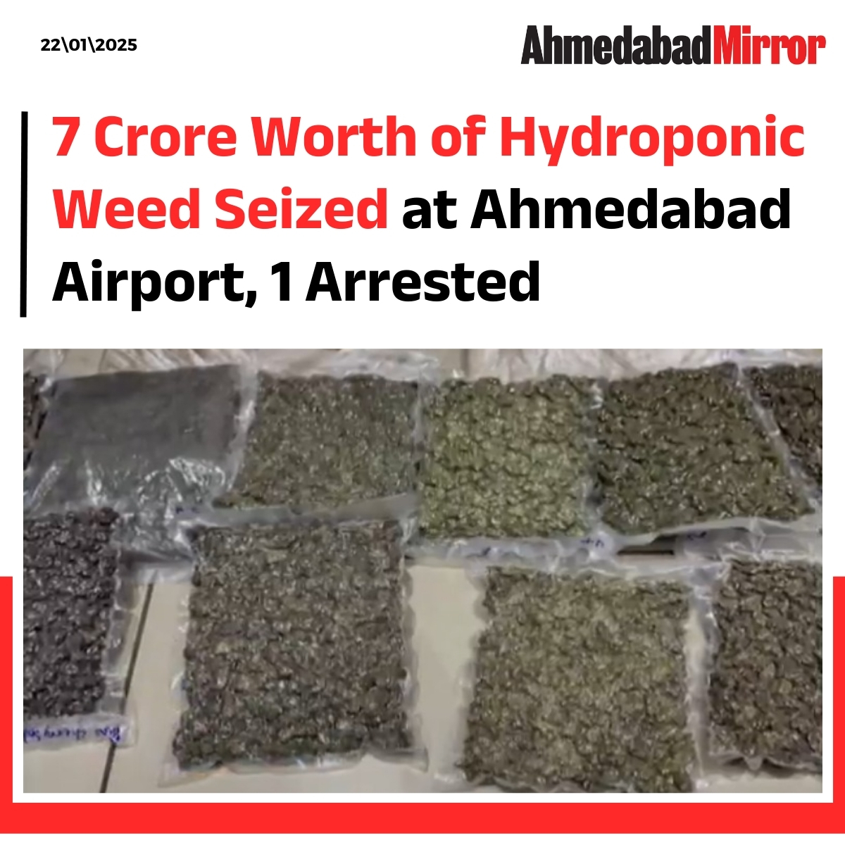 ahmedabadmirror's tweet photo. In a major narcotics bust, the Customs Department at Ahmedabad International Airport seized 4.6 kg of hydroponic weed worth ₹7 crore from a passenger arriving from Bangkok.
#AhmedabadAirport #DrugBust #HydroponicWeed #CustomsDepartment #NarcoticsTrade #AirportSecurity #ahmedabad https://t.co/NkCASJFm8V