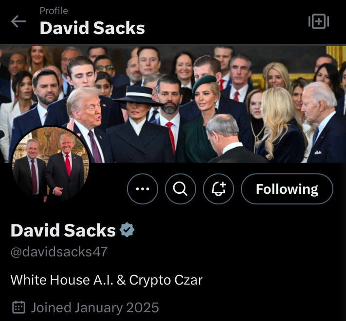 Congrats <a href="/davidsacks47/">David Sacks</a> for the new official account! New start for new era of $CZAR