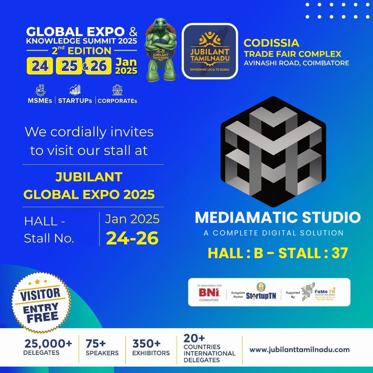 _media_matic's tweet image. 🌟 Where ideas spark and the future takes shape! 🌟
Join us at the Global Expo &amp;amp; Knowledge Summit 2025 to explore, connect, and innovate. Be part of the change—don’t miss it! ✨#JubilantTamilNadu2025 #BusinessExpo #KnowledgeSummit #GlobalNetworking #InnovateAndGrow
