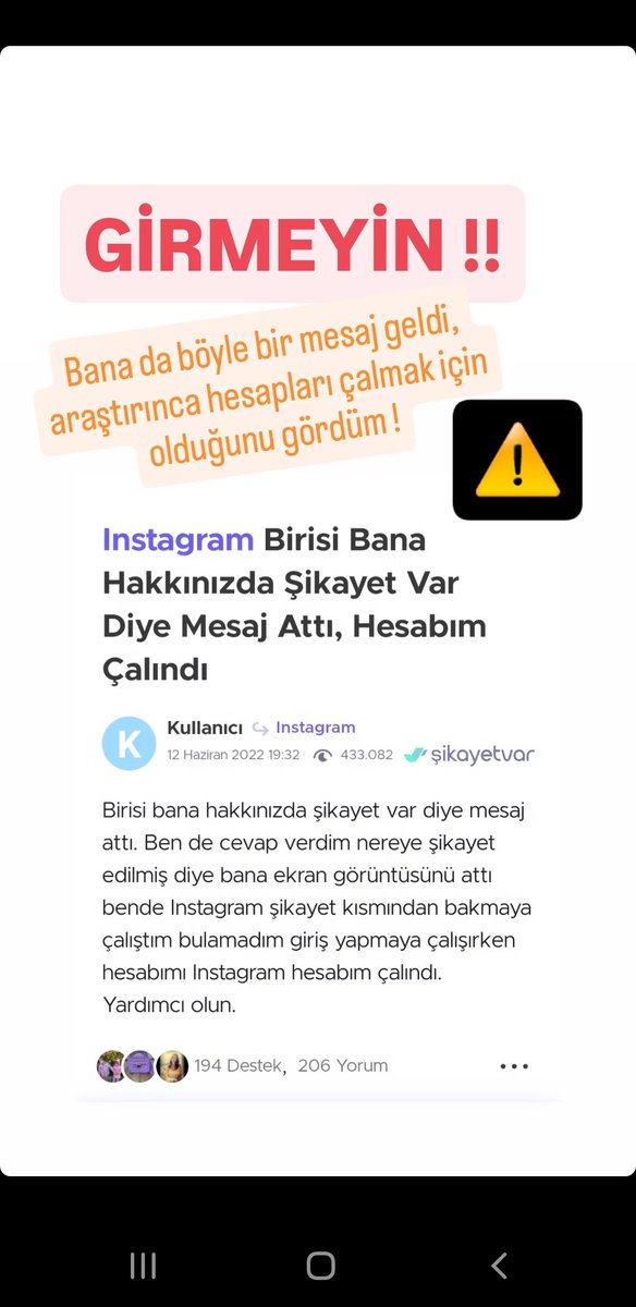 Instagram'da yeni dolandırıcılık !
Bu mesajla hesapları çalıyorlar !
Linke girmeyin !
#fakeşikayetvarmesajı
#hesaplarıçalıyorlar