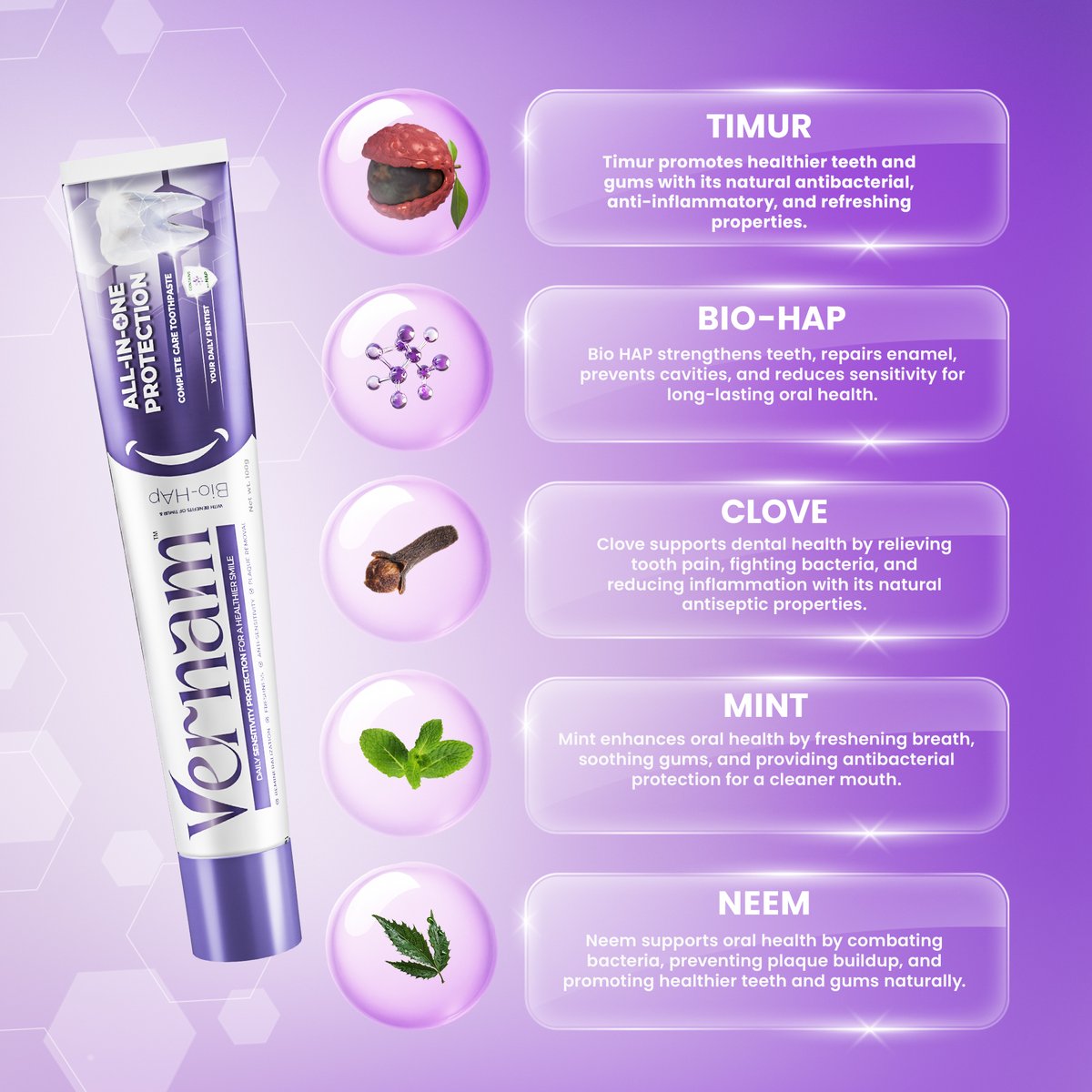 🦷 Vernam All-In-One Toothpaste combines nature &amp; science for complete oral care! 

✔️Remineralizes teeth
✔️Freshens breath
✔️Fights sensitivity
✔️Removes plaque

With Timur, Bio-HAP, Clove, Mint &amp; Neem, it’s iconic care for your smile! 💜 #Vernamcare #Oralcare #Vernam