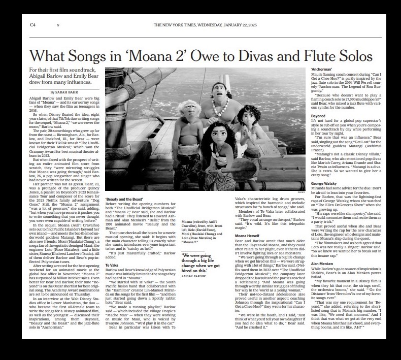 Sarah Bahr (@smbahr14) on Twitter photo In Wednesday's <a href="/nytimes/">The New York Times</a>📰:
<a href="/abigailbarloww/">Abigail Barlow</a> and <a href="/mlebear/">Emily Bear (MLE)</a>, who won a Grammy Award for "The Unofficial Bridgerton Musical" -- yes, the TikTok creation! -- are an atypical choice to write songs for a Disney film. 🧵
nytimes.com/2025/01/17/mov… In Wednesday's <a href="/nytimes/">The New York Times</a>📰:
<a href="/abigailbarloww/">Abigail Barlow</a> and <a href="/mlebear/">Emily Bear (MLE)</a>, who won a Grammy Award for "The Unofficial Bridgerton Musical" -- yes, the TikTok creation! -- are an atypical choice to write songs for a Disney film. 🧵
nytimes.com/2025/01/17/mov…