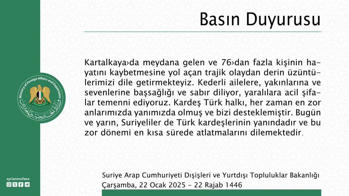 Suriye Halkı, Türkiye'nin Kartalkaya Trajedisindeki Acısını Paylaşıyor

Suriye Arap Cumhuriyeti Dışişleri ve Yurtdışı Topluluklar Bakanlığı, Bolu'nun Kartalkaya bölgesinde meydana gelen ve 76'dan fazla kişinin hayatını kaybetmesine neden olan trajik olay nedeniyle derin