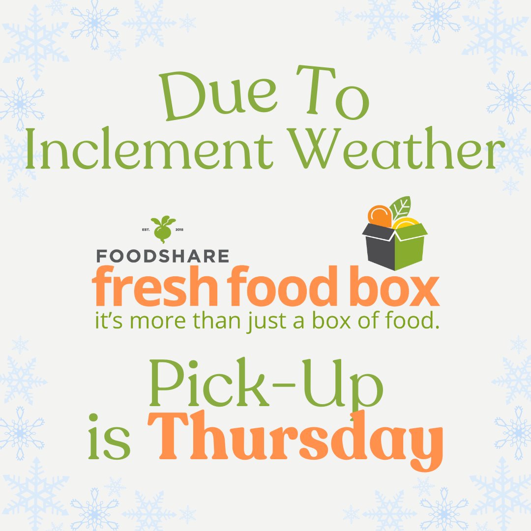 Due to inclement weather FoodShare in Anderson will be postponing Fresh Food Box pick-up from Jan. 22nd to Jan. 23rd‼️❄️
