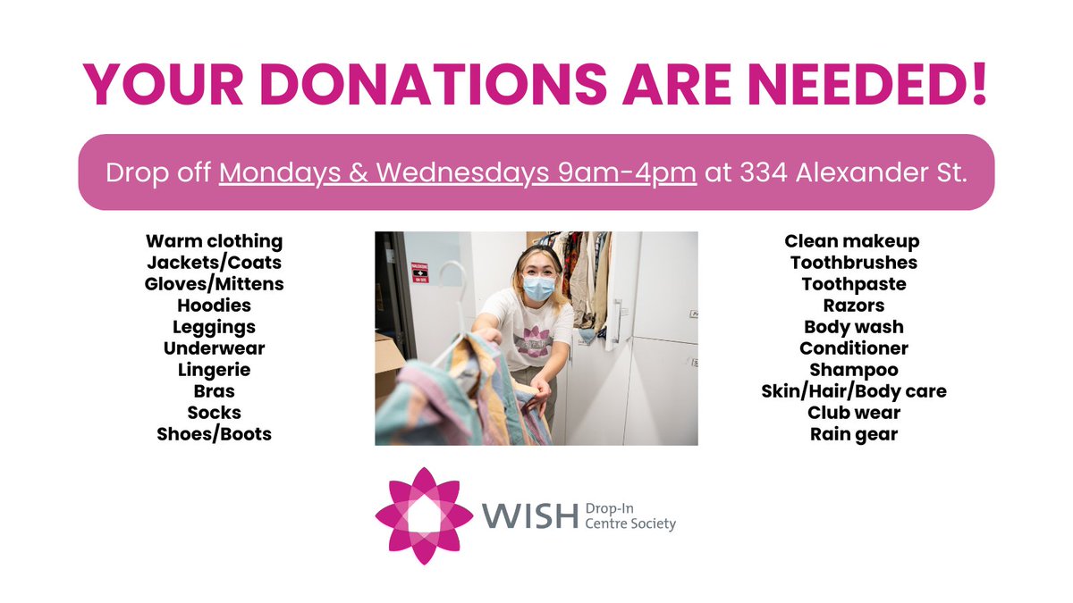 ❄Winter is here, and your help is needed!❄

We need your support to provide cold weather clothing for women and gender diverse folks! 

*New donation drop off hours: Mondays &amp; Wednesdays, 9am-4pm at 334 Alexander St.*

Or other items from our wish list: bit.ly/3BSELwc