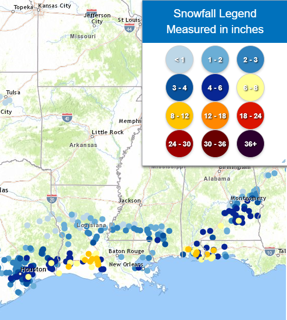 Just unbelievable, historic snowfall on the Gulf Coast. Florida state record doubled. Highest by state: 

Lafayette, LA: 10.5"
Milton, FL: 8.8"*
Silverhill, AL: 8.5"
Lumberton, MS: 4.0"

*Was former record-holder for STATE at 4" in 1954