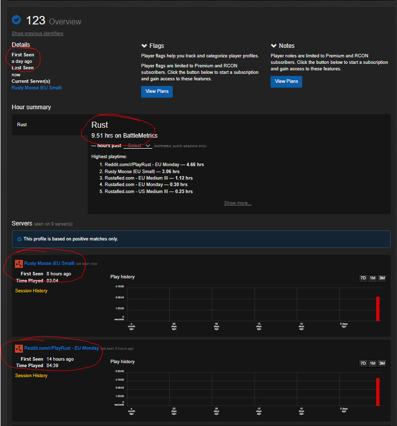 garrettrustyt's tweet photo. for example - player was last seen on Rustafied 5 hours ago, instantly joins Moose, is on a "First Seen A Day Ago" account on battlemetrics with 9.51hrs recorded on official server. this could be an efficient way for servers to stop players from joining host to host cheating https://t.co/hTzX5IiItQ