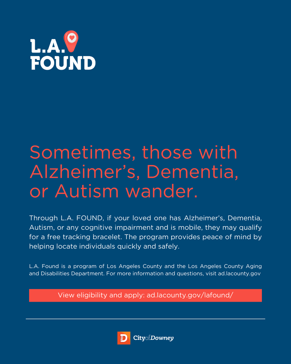 CityofDowney's tweet photo. L.A. FOUND, a program of Los Angeles County, offers free tracking bracelets for eligible individuals. 

For more information on eligibility and to apply, visit https://t.co/SC35zx4kNX.

#CityofDowney #DowneyCA #LAFound https://t.co/P2YDshv8Ma