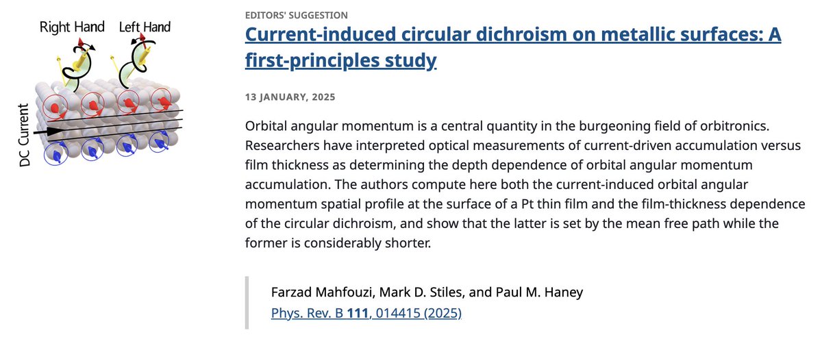 PhysRevB's tweet image. PRB Editors' Suggestion: Current-induced #CircularDichroism on #metallic surfaces: A #FirstPrinciples study

Farzad Mahfouzi, Mark D. Stiles, and Paul M. Haney
Phys. Rev. B 111, 014415

➡️ go.aps.org/40dXWZh
#EdSugg @APSPhysics #condmat #physics