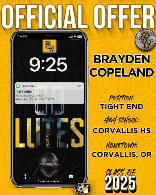 BraydenCopela10's tweet photo. After a great phone call with @SpencerCrace I’m excited to announce I have gotten a offer from @PLUFootball 🟡⚫️ https://t.co/RA6OAowAhj