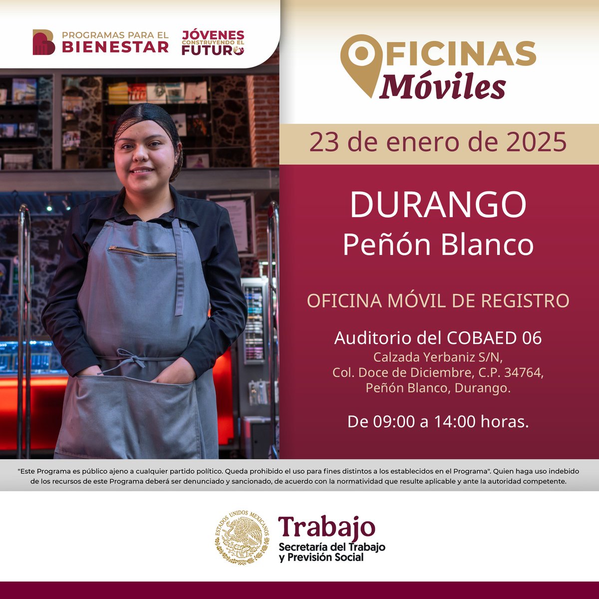 Comunidad <a href="/JovConFuturo/">Jóvenes Construyendo el Futuro</a> te esperamos en nuestras oficinas móviles de registro al programa este 22 de enero en El Oro, Hidalgo y San Bernardo, y el 23 en Peñón Blanco. 

Conoce los beneficios: …venesconstruyendoelfuturo.stps.gob.mx