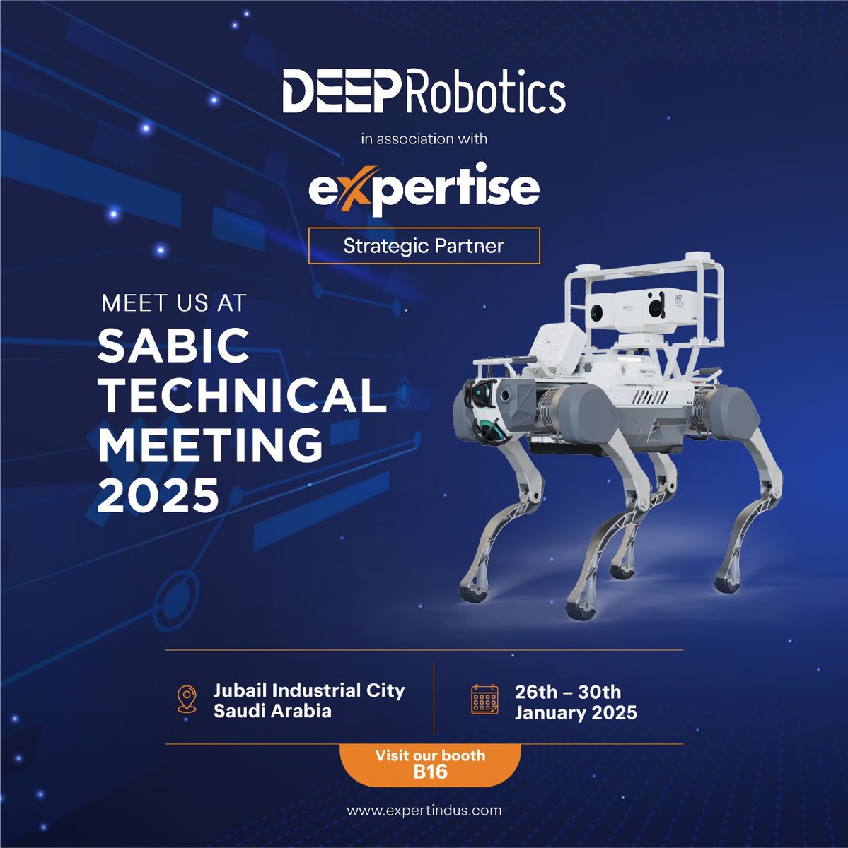 expertindus's tweet image. Deep Robotics, in collaboration with Expertise, is excited to join the SABIC Technical Meeting 2025! Visit us to explore innovative robotics and discover the future of technology and industrial solutions.

#SABICTechnicalMeeting2025 #DeepRobotics #Expertise