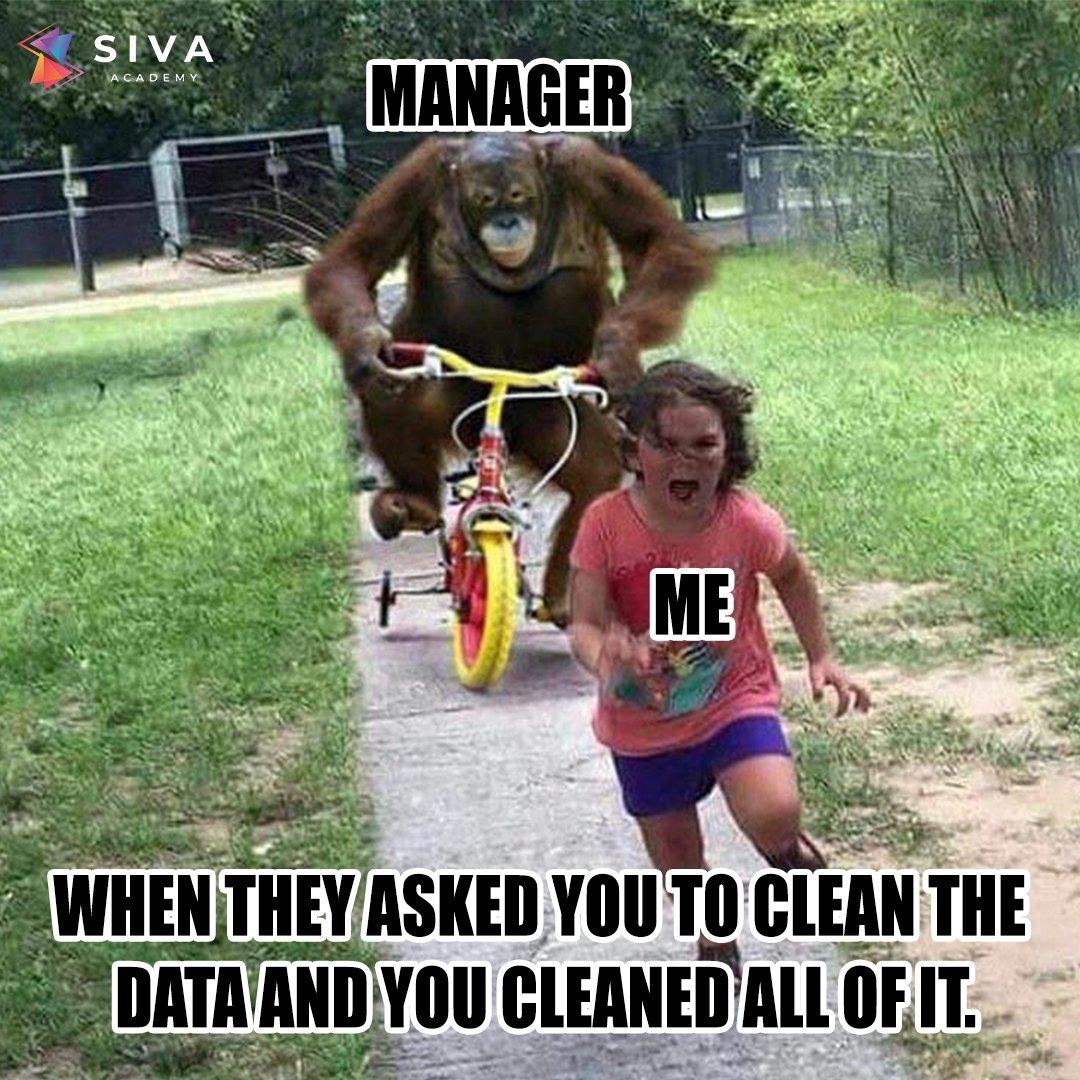 siva_academy's tweet image. 🚨 Data Cleaning Gone Wrong 🚨
When your manager says, "Clean the data," but you took it literally and wiped everything out! 🤦♂️😂
Who else has had a moment like this in their data analysis journey?
#DataScienceHumor #WorkLife #TeamFails #SivaAcademy