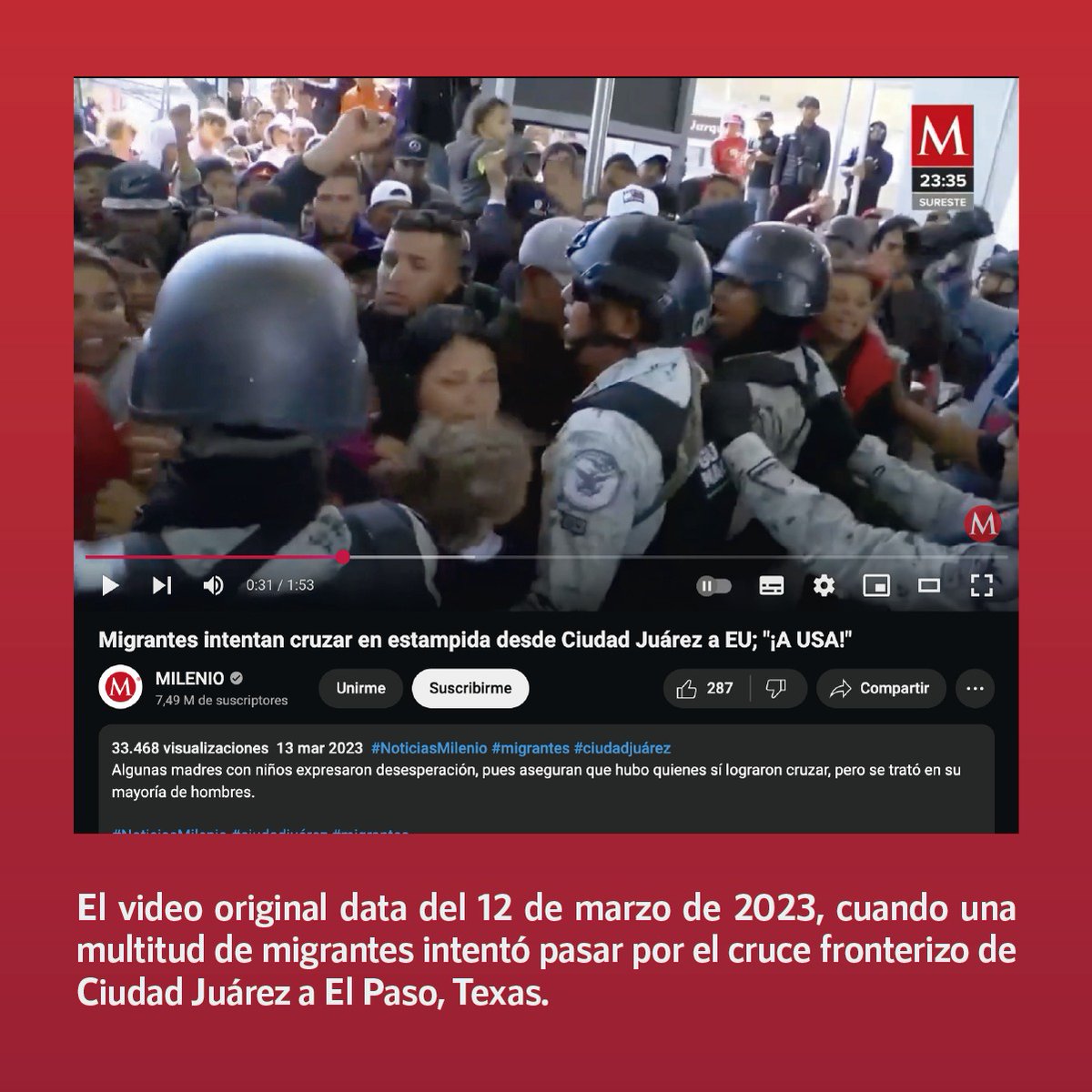 infodemiaMex's tweet photo. ❌Falso video que muestra a mil migrantes intentando cruzar a Estados Unidos, luego de que la aplicación #CBPOne quedó fuera de servicio

✅El video original data del 12 de marzo de 2023, cuando una multitud de migrantes intentó pasar de Ciudad Juárez a El Paso, Texas

➡️Desmentido: https://t.co/Jfp9w0O8dq