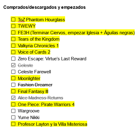 NesrinRosegard's tweet photo. LISTA DE JUEGOS QUE QUIERO TERMINAR EN 2025

Me gustaría poder finalizar como mínimo los subrayados antes del lanzamiento de Fantasy Life i, pero no me voy a presionar mucho con ello uwu 
Los tachados o los he terminado o los he droppeado

Hilo con los que vaya completando⬇️⬇️⬇️ https://t.co/9jSzmNiDls