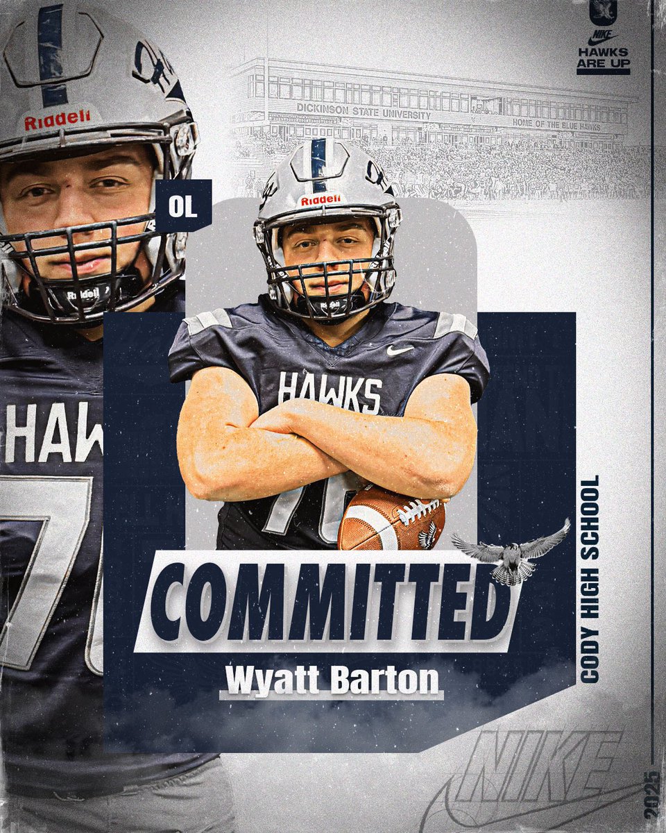Wyatt Barton (@barton49414) on Twitter photo Proud to announce my commitment to Dickinson state university! Thank you to all the coaches and people that got me here and a special thanks to the coaching staff at DSU for making me feel welcome. Hawks are up!
<a href="/CodyBroncFB/">Cody Football π</a> <a href="/CoachMcFadden52/">Matt McFadden</a>
<a href="/CoachOBrienDSU/">Tobin O'Brien</a> <a href="/CoachPStanton/">Pete Stanton</a> Proud to announce my commitment to Dickinson state university! Thank you to all the coaches and people that got me here and a special thanks to the coaching staff at DSU for making me feel welcome. Hawks are up!
<a href="/CodyBroncFB/">Cody Football π</a> <a href="/CoachMcFadden52/">Matt McFadden</a>
<a href="/CoachOBrienDSU/">Tobin O'Brien</a> <a href="/CoachPStanton/">Pete Stanton</a>