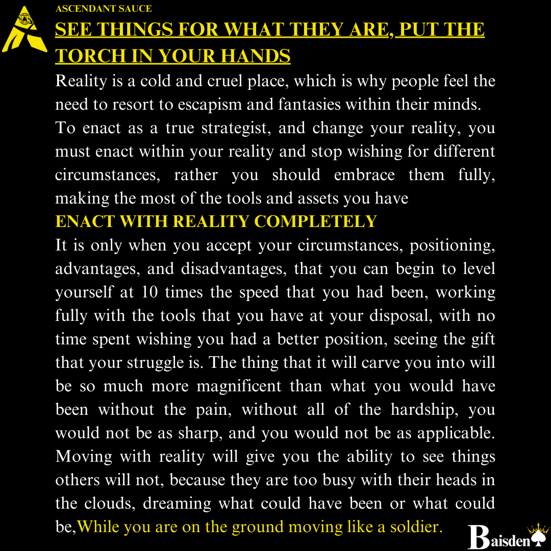 ASCENDANTLEGION's tweet photo. See things for what they are, put the torch in your hands
enact with reality completely. 
While they're heads are in the clouds 
you are on the ground moving like a soldier. https://t.co/qS5YVLjQy8
