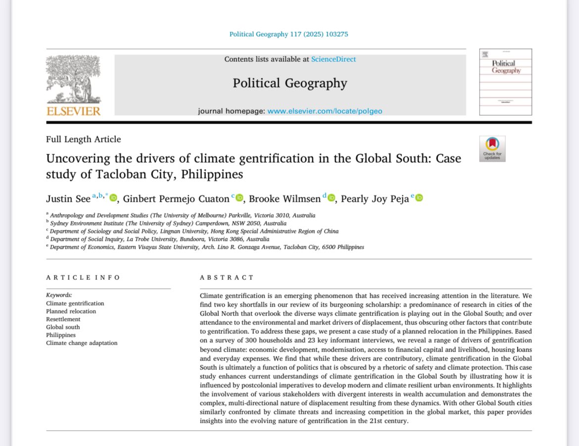 New Paper 🚨 ‼️ 🔔 on #ClimateGentrification in the global South focusing in post-disaster Tacloban City, Philippines 🇵🇭 

So fun working with Justin, Brooke, and Pearly! It’s also my 1st paper as a faculty at <a href="/lingnanuni/">Lingnan University</a> <a href="/DSocsp/">Department of Sociology and Social Policy (SOCSP)</a> 😊💪🇭🇰

sciencedirect.com/science/articl…