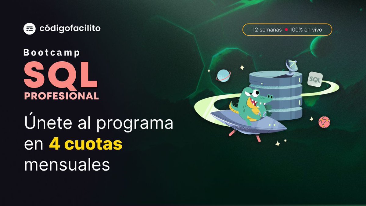 🚀 ¿Te cuesta formular consultas o trabajar con relaciones en SQL?

Domina el principal lenguaje de consulta de datos con el Bootcamp de SQL de 11 semanas de Código Facilito:

2 clases en vivo por semana: Aprende desde los fundamentos hasta optimización de consultas y relaciones.