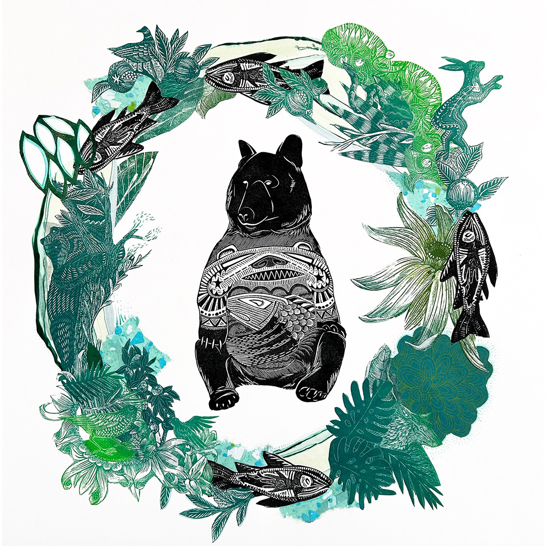 Johanna Mueller's striking "Nature Bear Wreath" merges tradition with innovation in "Icons for a New West." Her masterful printmaking techniques reveal new perspectives on Western wildlife. On view through January 28th. Tap the link in our bio.