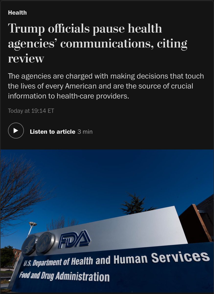NEW—Trump WH has blocked all CDC science reports (eg MMWR) &amp; suspended all CDC / FDA / NIH external communications of all HHS agencies until further notice... including all FDA &amp; CDC Health Alert warnings &amp; all social media. Public health be damned. 

Gift 🎁 link below.