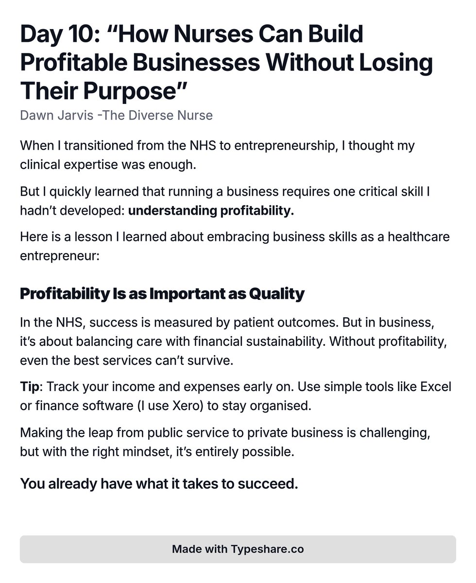 dawnjarvis's tweet image. “Transitioning from the NHS to entrepreneurship taught me a critical lesson: Profitability is as important as quality care. Here’s how nurses can build sustainable businesses without losing their purpose.  #HealthcareBusiness #ProfitabilityTips  #NurseLeadership