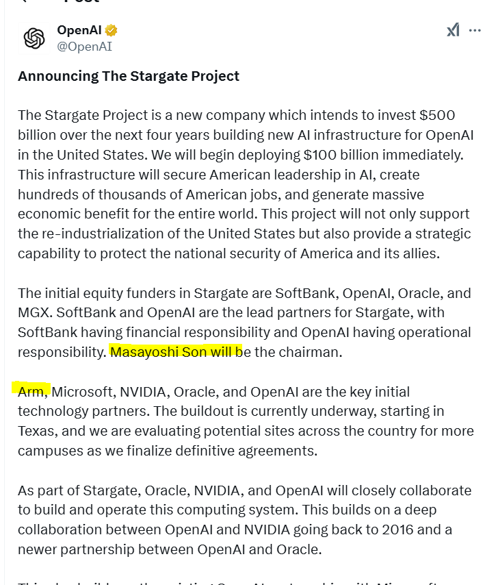 BaronofLoxley's tweet photo. #Algorand - this just gets even better.

OpenAI has now officially confirmed that #ARM will be a key technology partner to #STARGATE.

@EldarDRM https://t.co/0Dg9QBTPj4