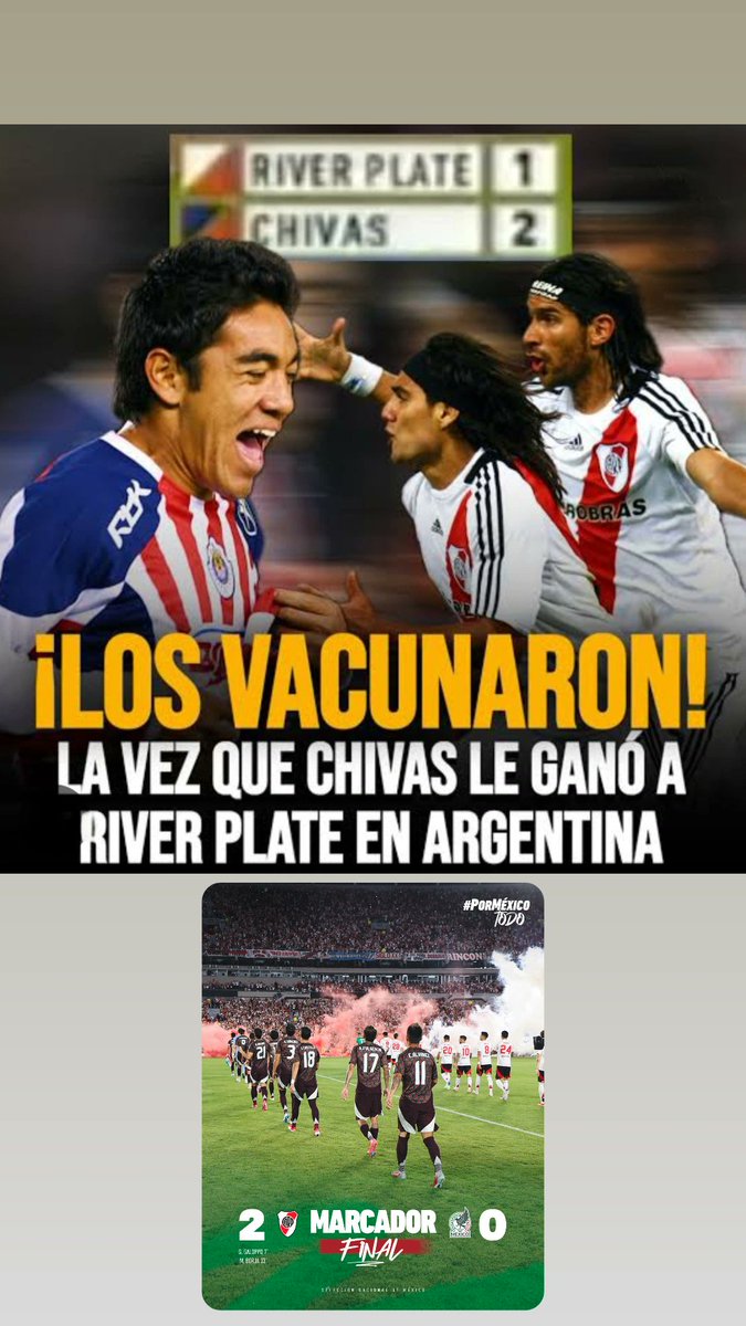 Ganarle a <a href="/RiverPlate/">River Plate</a> en su casa no es para CUALQUIERA.

<a href="/Chivas/">CHIVAS</a> más grande que <a href="/miseleccionmx/">Selección Nacional</a>, no leo lloros.