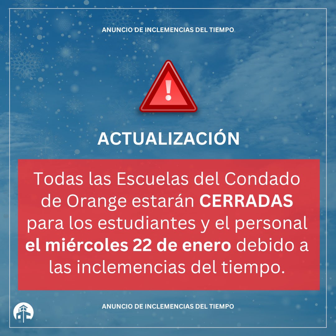 UPDATE, CLOSED JAN 22 | OCS will be CLOSED for students &amp; staff on Wednesday, January 22, 2025 due to deteriorating conditions. Stay safe!

orangecountyfirst.com #orangecountyfirst