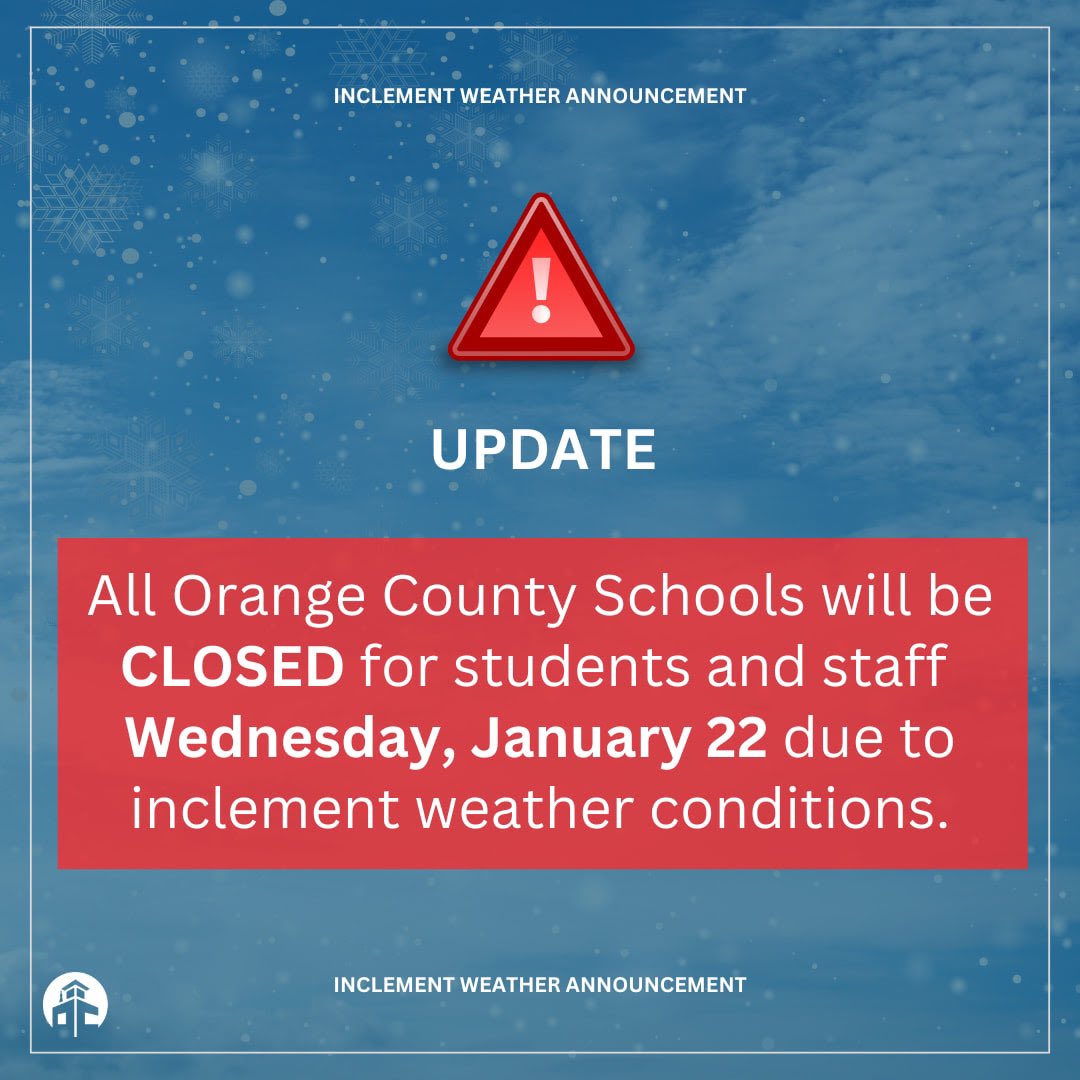 OrangeCoSchools's tweet image. UPDATE, CLOSED JAN 22 | OCS will be CLOSED for students &amp;amp; staff on Wednesday, January 22, 2025 due to deteriorating conditions. Stay safe!

orangecountyfirst.com #orangecountyfirst