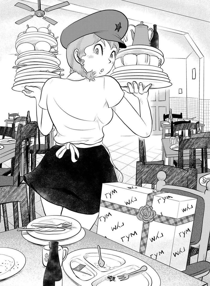 この場面はトビラ絵と対になっています。十月革命駅人民食堂にはお子様ランチや子ども用椅子もあることがわかる貴重なシーン笑