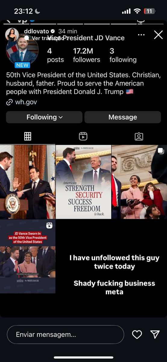 Demi Lovato expôs a Meta, de Mark Zuckerberg, após ser OBRIGADA a seguir o vice-presidente dos Estados Unidos no Instagram:

“Eu dei unfollow nesse cara duas vezes só hoje. Negócio obscuro da p*rra, Meta.”