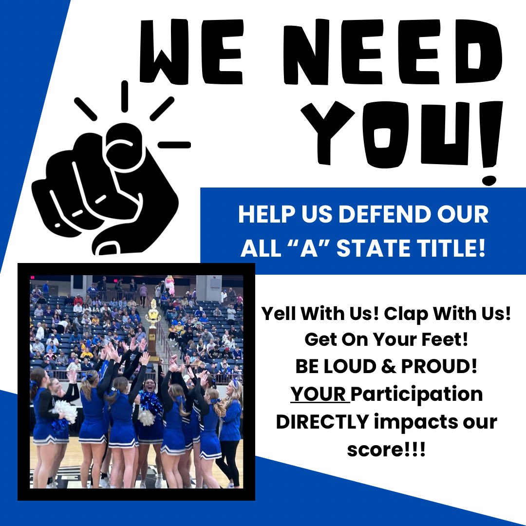 We need YOU! During round 1 of both the boys and girls All “A” State Games, we will be defending our 2024 State Title  🏆 We will be judged for the duration of the game. Crowd participation is a big part of our score….help us bring back the hardware to WV!