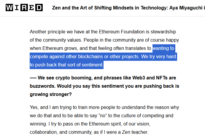 I like Ethereum more than most people. Lots more. I really want ETH to do well. The Ethereum foundation says they don't want to compete against other blockchains and "say "no" to the culture of competing and winning." I believe the absolute opposite. I fully endorse competing and