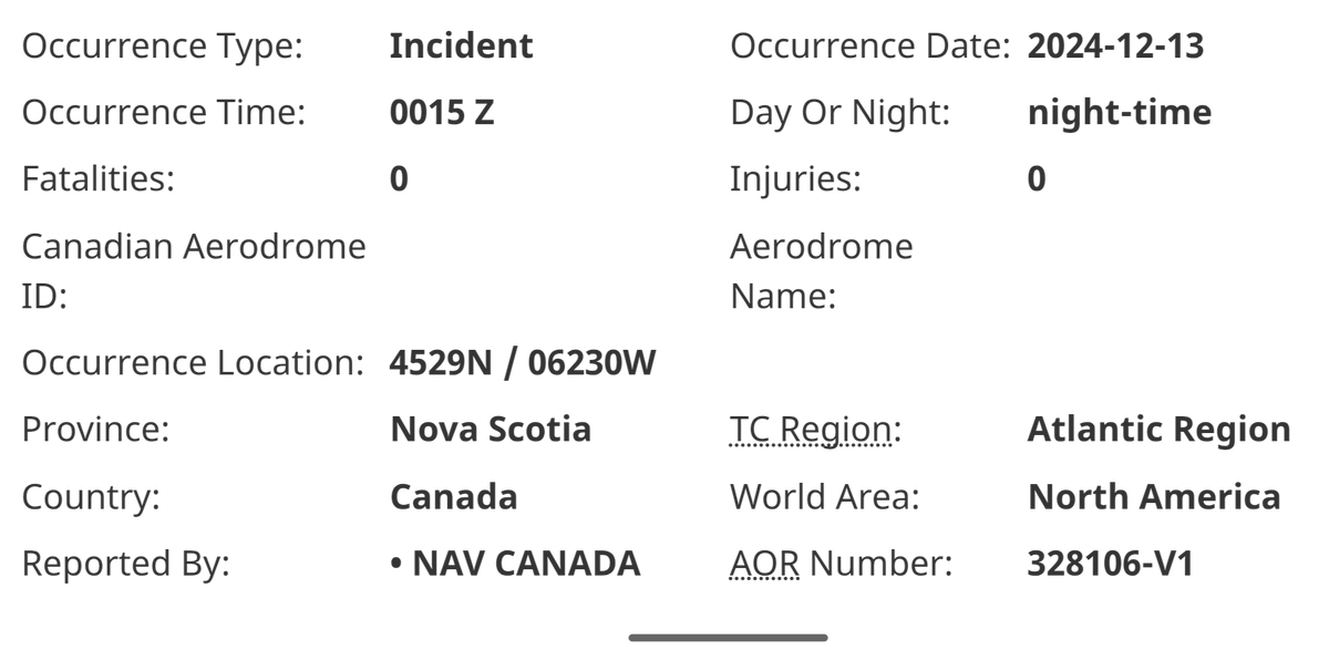 Daniel Otis (@dsotis) on Twitter photo "Numerous aircraft reporting strange lights in the night sky."
The only line of information in a December "CIRVIS/UFO" report from Nova Scotia (Atlantic Canada) that was just published by Canadian aviation authorities <a href="/Transport_gc/">Transport Canada</a> & <a href="/navcanada/">NAV CANADA</a>👉wwwapps.tc.gc.ca/Saf-Sec-Sur/2/…🍁❓👀✈️🔍 "Numerous aircraft reporting strange lights in the night sky."
The only line of information in a December "CIRVIS/UFO" report from Nova Scotia (Atlantic Canada) that was just published by Canadian aviation authorities <a href="/Transport_gc/">Transport Canada</a> & <a href="/navcanada/">NAV CANADA</a>👉wwwapps.tc.gc.ca/Saf-Sec-Sur/2/…🍁❓👀✈️🔍
