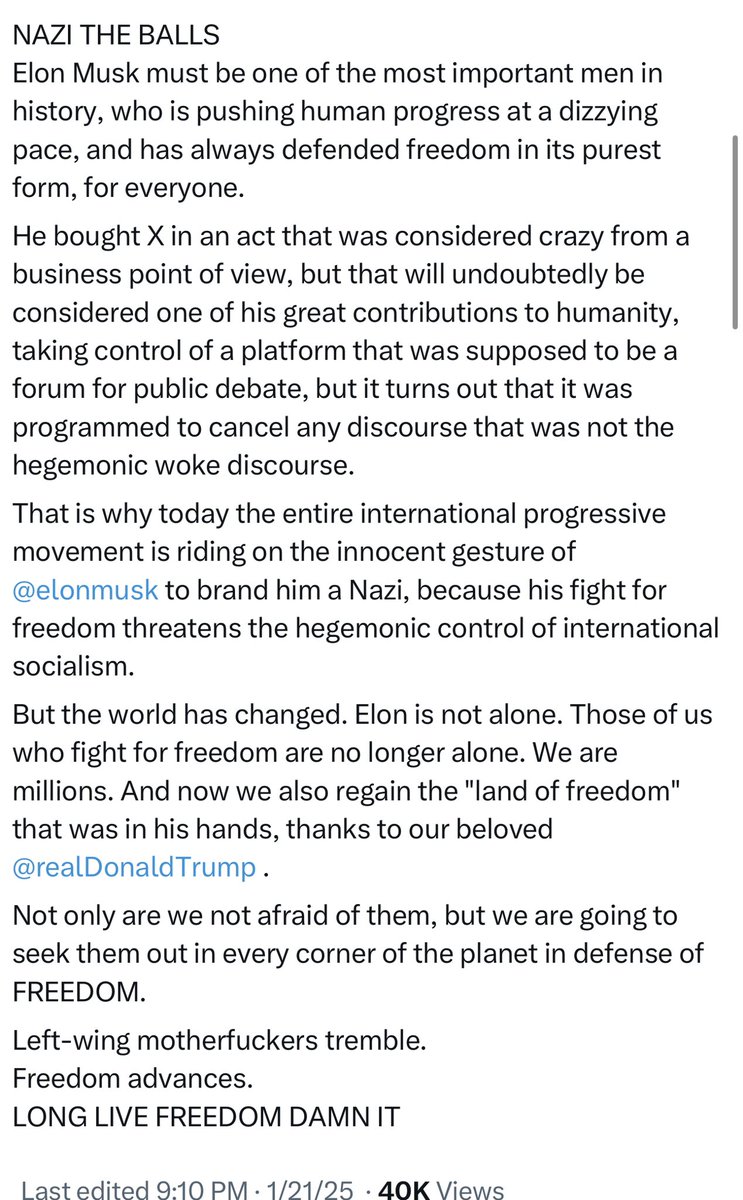 Thank god for <a href="/elonmusk/">Elon Musk</a> 
“Left-wing motherfuckers tremble.
Freedom advances.
LONG LIVE FREEDOM DAMN IT” -<a href="/JMilei/">Javier Milei</a>