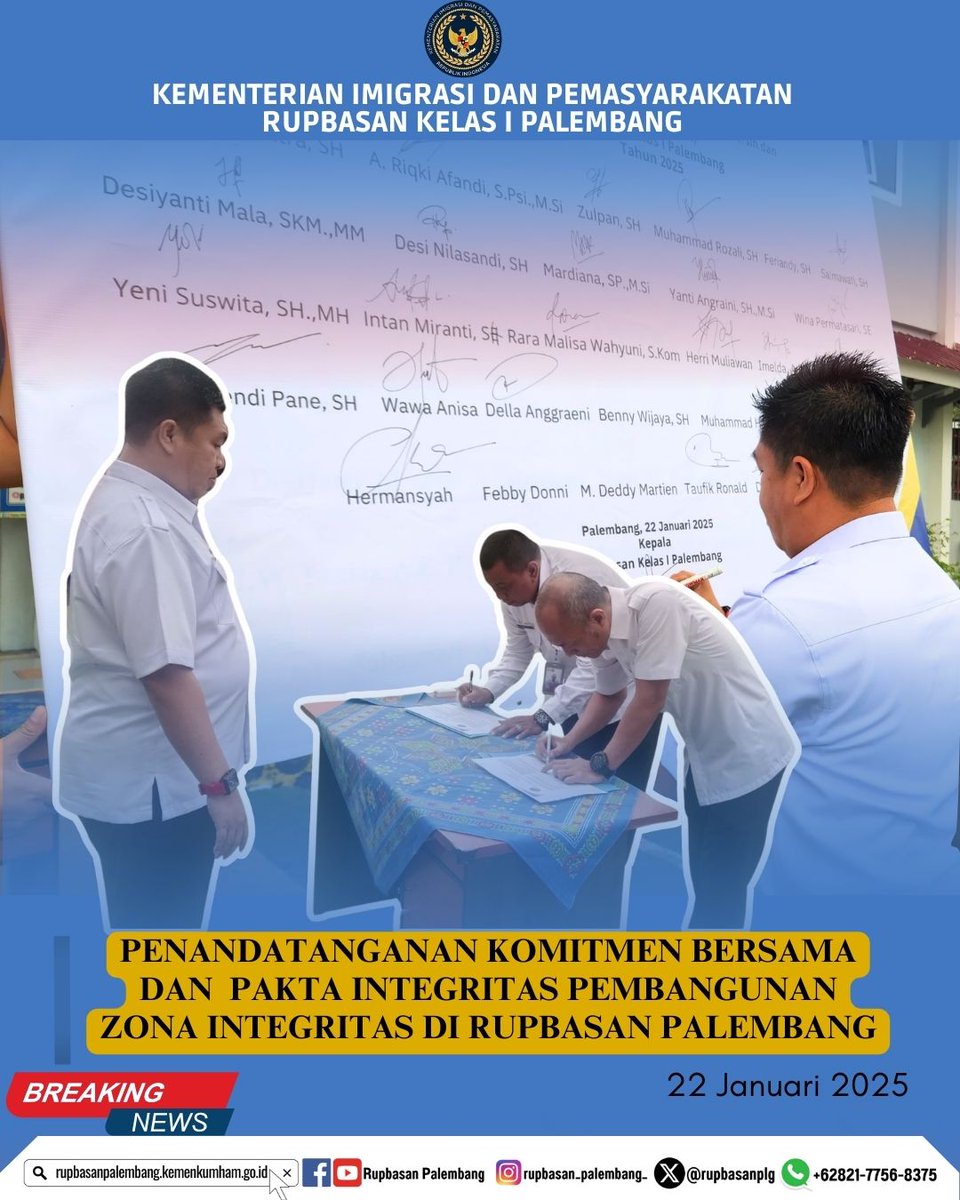rupbasanplg's tweet photo. #RupbasanPalembang melaksanakan Penandatanganan Komitmen bersama &amp;  Pakta Integritas Pembangunan ZI di lingkungan Pemasyarakatan Tahun 2025

Follow  @rupbasanplg
@kemenimipas

#ZonaIntegritas #infoimipas #pemasyarakatan
#Kemenimipas #KemenimipasRI
#Seputar_Kemenimipas https://t.co/F07sb8NPnl