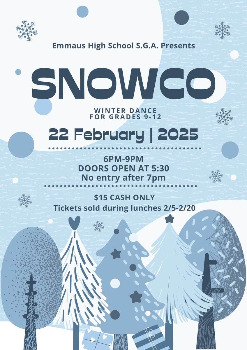 SGAEHS's tweet photo. IT’S TIME! ❄️⛄️ SGA is so excited to announce that Snow-Co is back and will be held February 22nd from 6-9 PM at EHS! Tickets will be sold for $15 from 2/5-2/20 during all lunches. (CASH ONLY) https://t.co/7InDKKsoWE