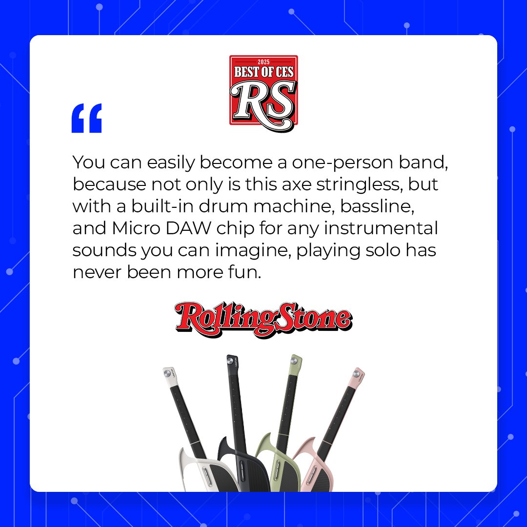 LiberLive289003's tweet photo. LiberLive C1 was awarded the 'Best of CES 2025 Awards' by @RollingStone 
“LiberLive C1 is a technological marvel that’ll transform how you perform, beginners and pros alike."

#StringlessGuitar https://t.co/jXNfQrrWqS