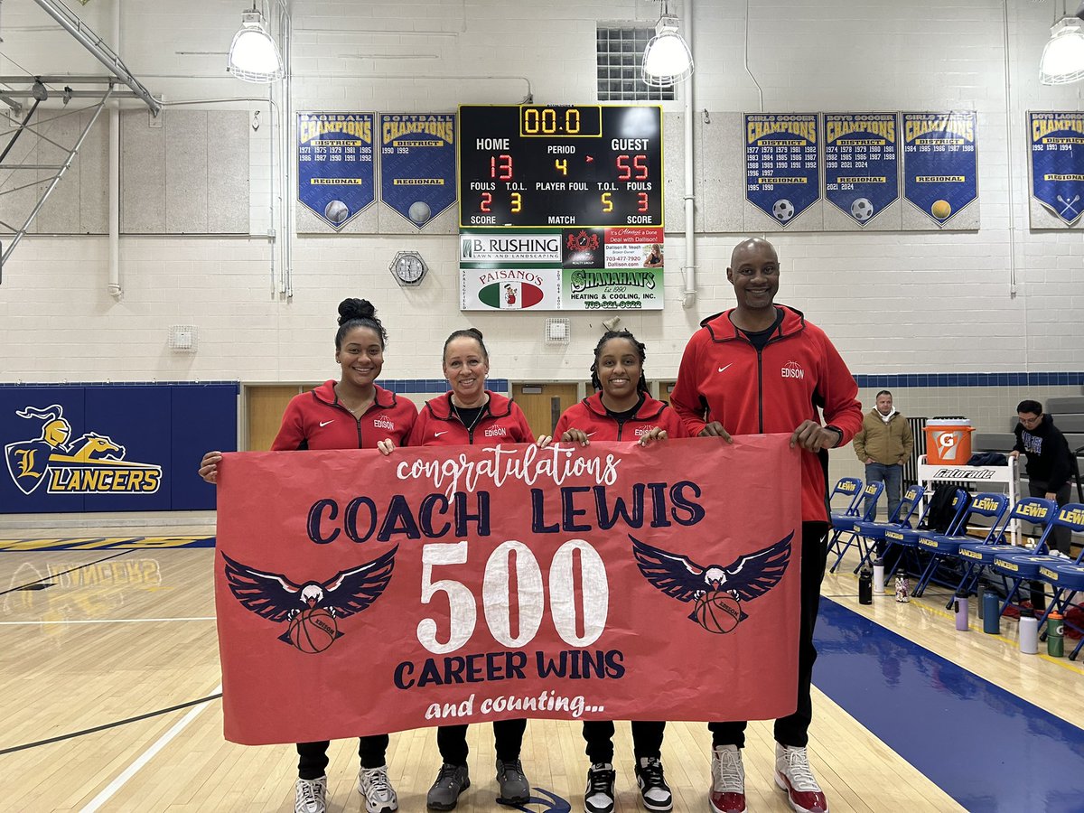 For 24 seasons, Dianne Lewis has prowled the sidelines as Head Basketball Coach of the Thomas Edison High School Lady Eagles. 

With the win over Lewis High School tonight, Coach Lewis hits 500 Career Wins. To date she has a .818 winning percentage! Congratulations Coach!