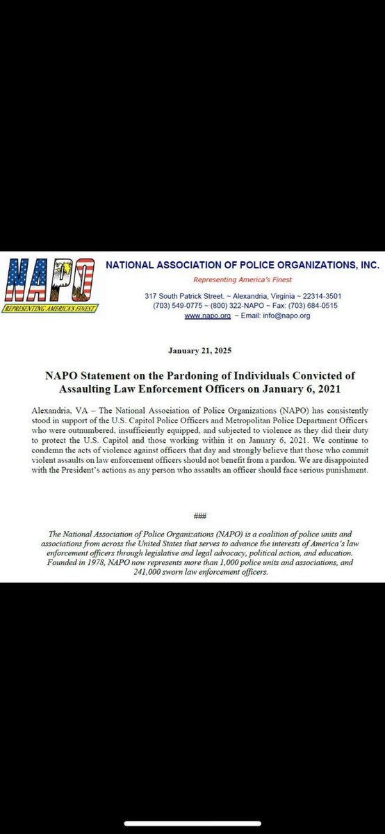 Malinowski's tweet photo. National Association of Police Organizations also condemns the Jan 6 pardons. 

Really important that law enforcement unions are speaking out on this, just as they would have if a Democratic president had done the same thing. https://t.co/nbLbAGPLJg