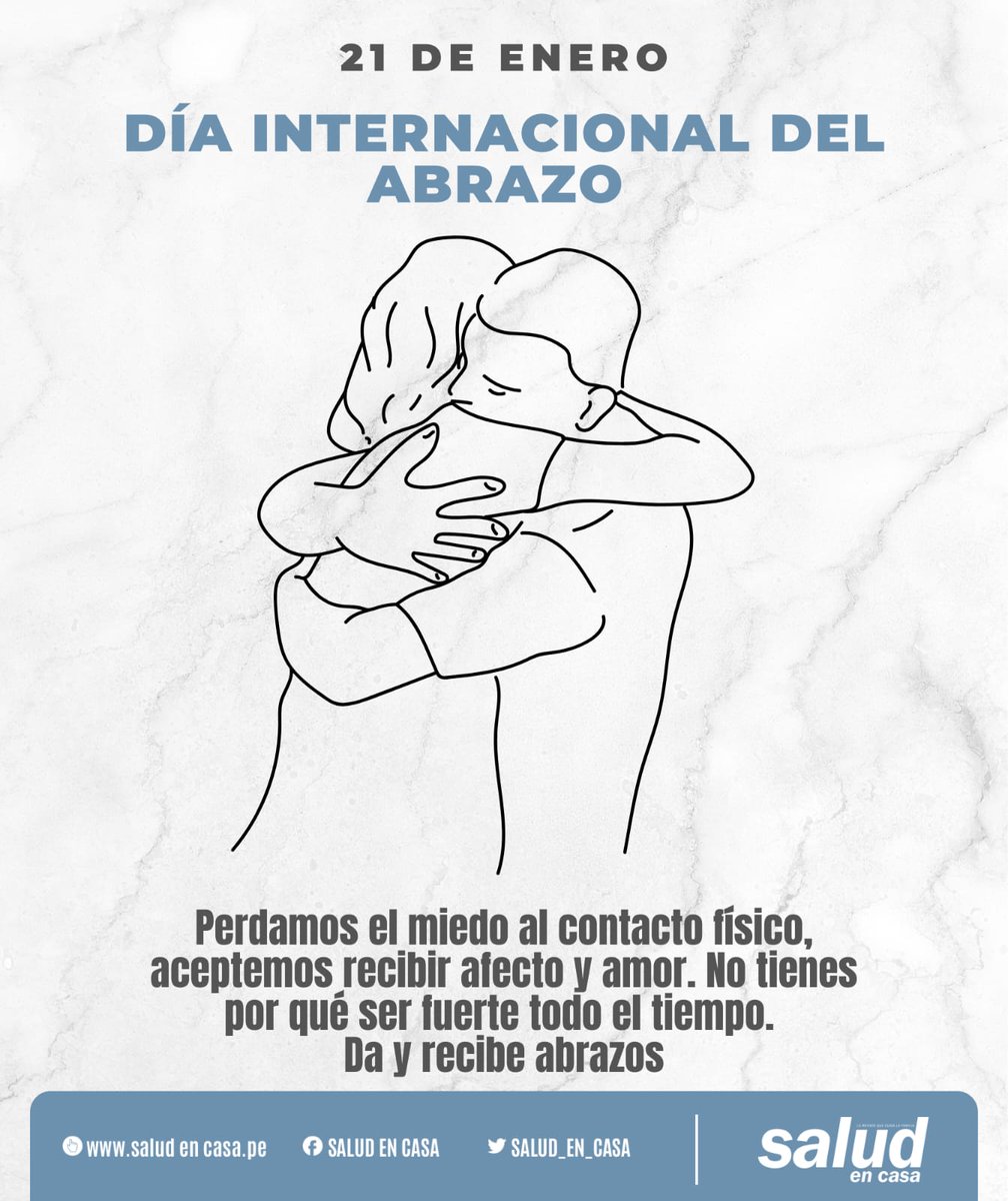 Salud_en_casa1's tweet photo. 21 de Enero #DiaMundialDelAbrazo 🫂
Perdamos el miedo al contacto físico, aceptemos recibir afecto y amor 💗💗
No tienes por qué ser fuerte todo el tiempo ⏳
Da y recibe abrazos.🤗🤗
#diadelabrazo #abrazar #abrazamemuyfuerte #Perú https://t.co/Ay0vGjusql