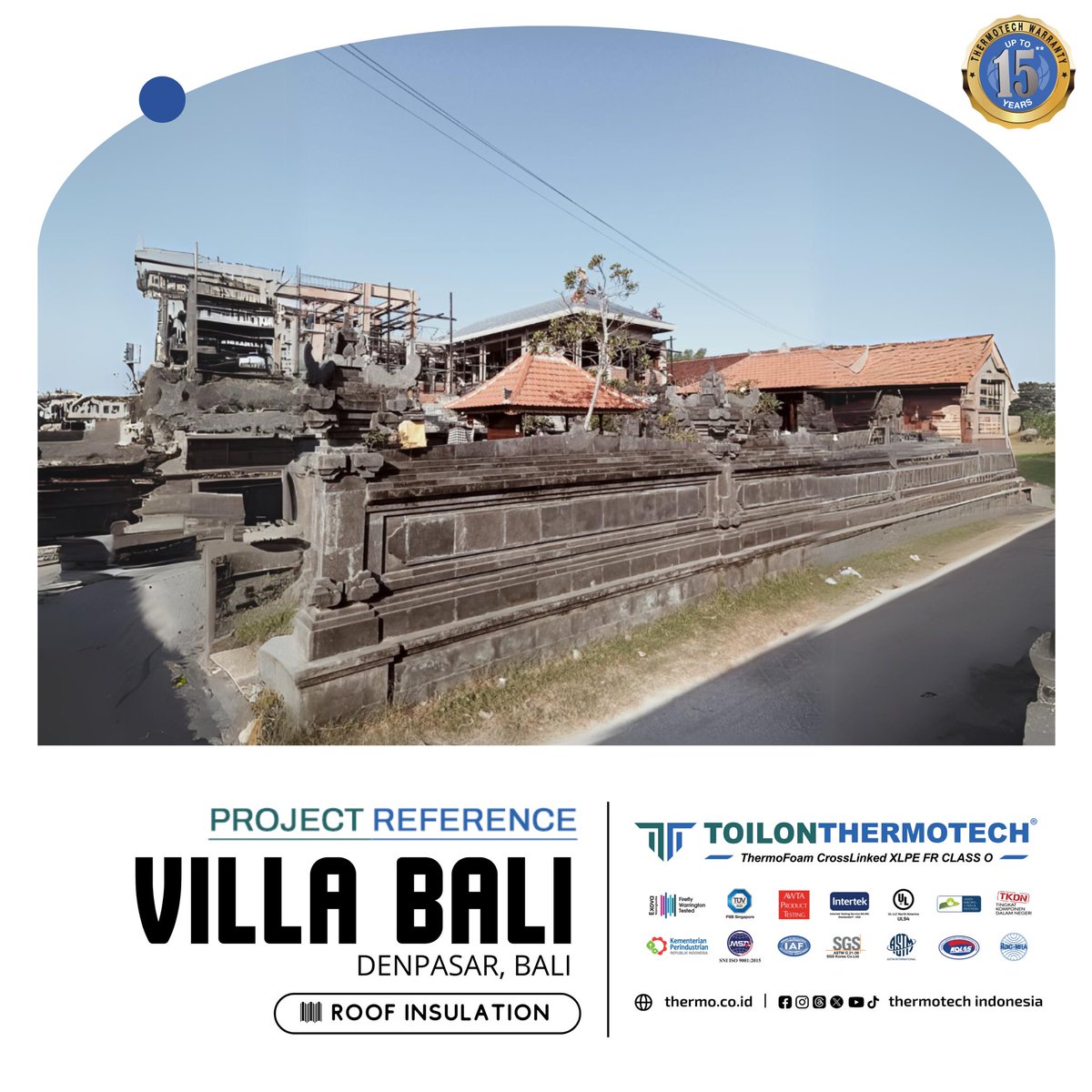 ThermotechIndo1's tweet photo. #ProjectReference
Project : Villa Bali
Type : Toilon ThermoTech XLPE FR Class 0
Application : Roof Insulation
Benefits of Using Toilon ThermoTech Insulation,
1️⃣The highest Fire Rating Class 0
2️⃣Extremely High Vapour Permeability Resistance
3️⃣Lifetime More Than 15 Years (T&C https://t.co/iyJEDSTK07